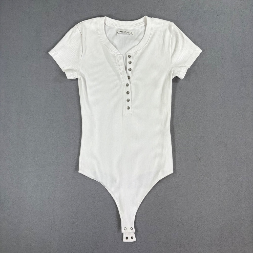 Abercrombie & Fitch Bodysuit Women S White Excellent Ribbed Henley Thong Snap